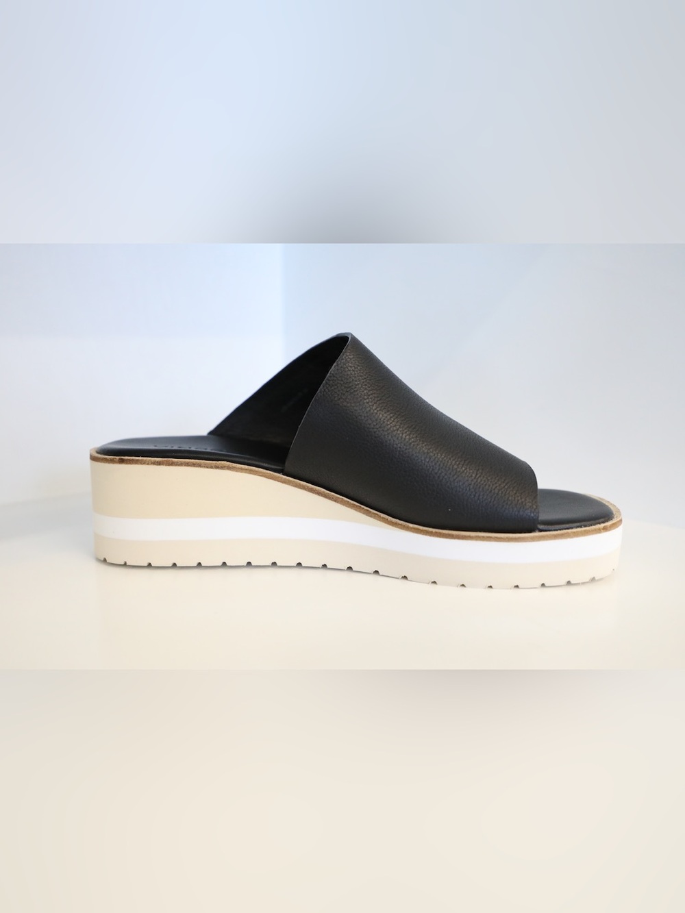 Vince Black Leather Slide Mules with White Platform